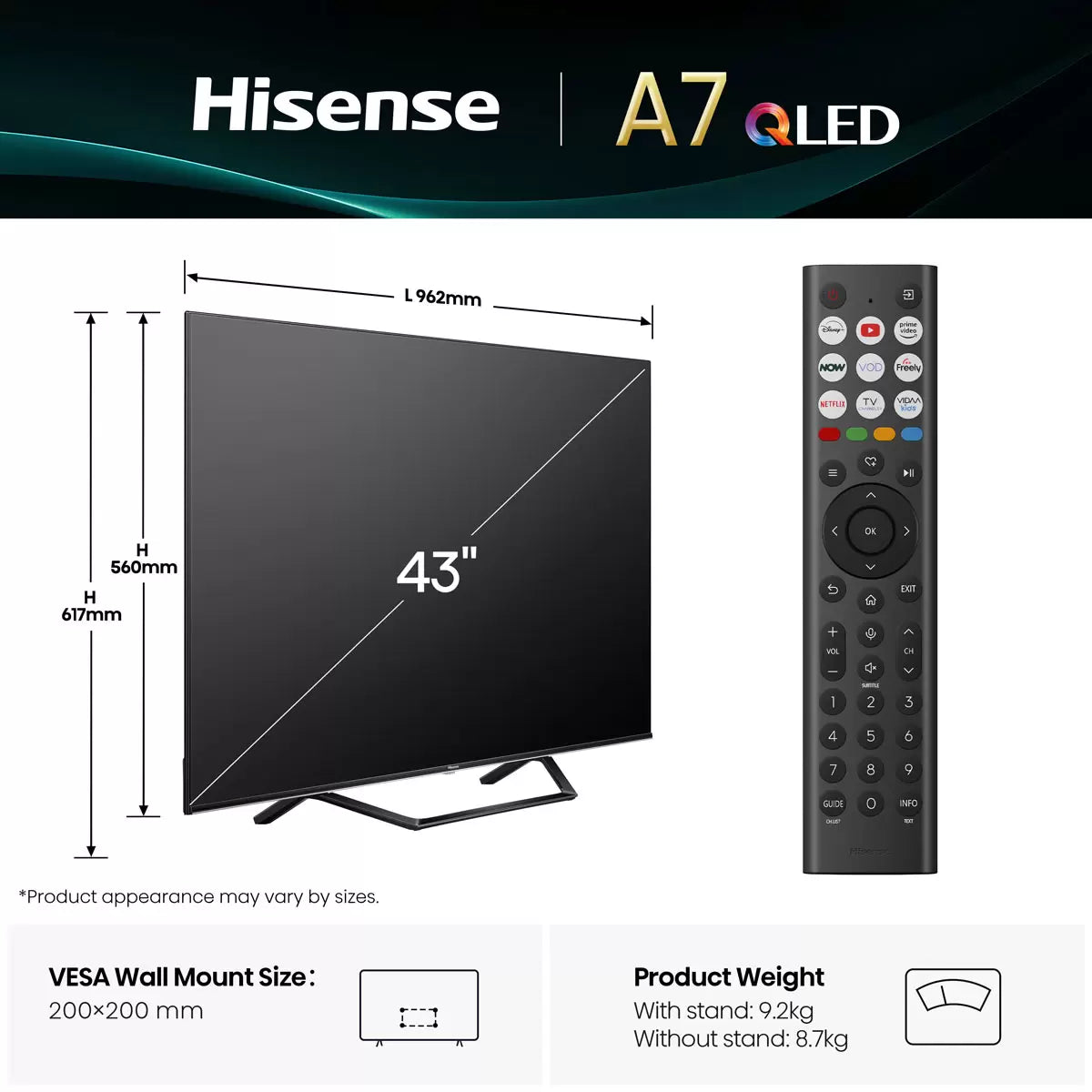 Hisense 43 Inch 43A7QTUK | 4K QLED Dolby Vision Dolby Atmos Smart TV