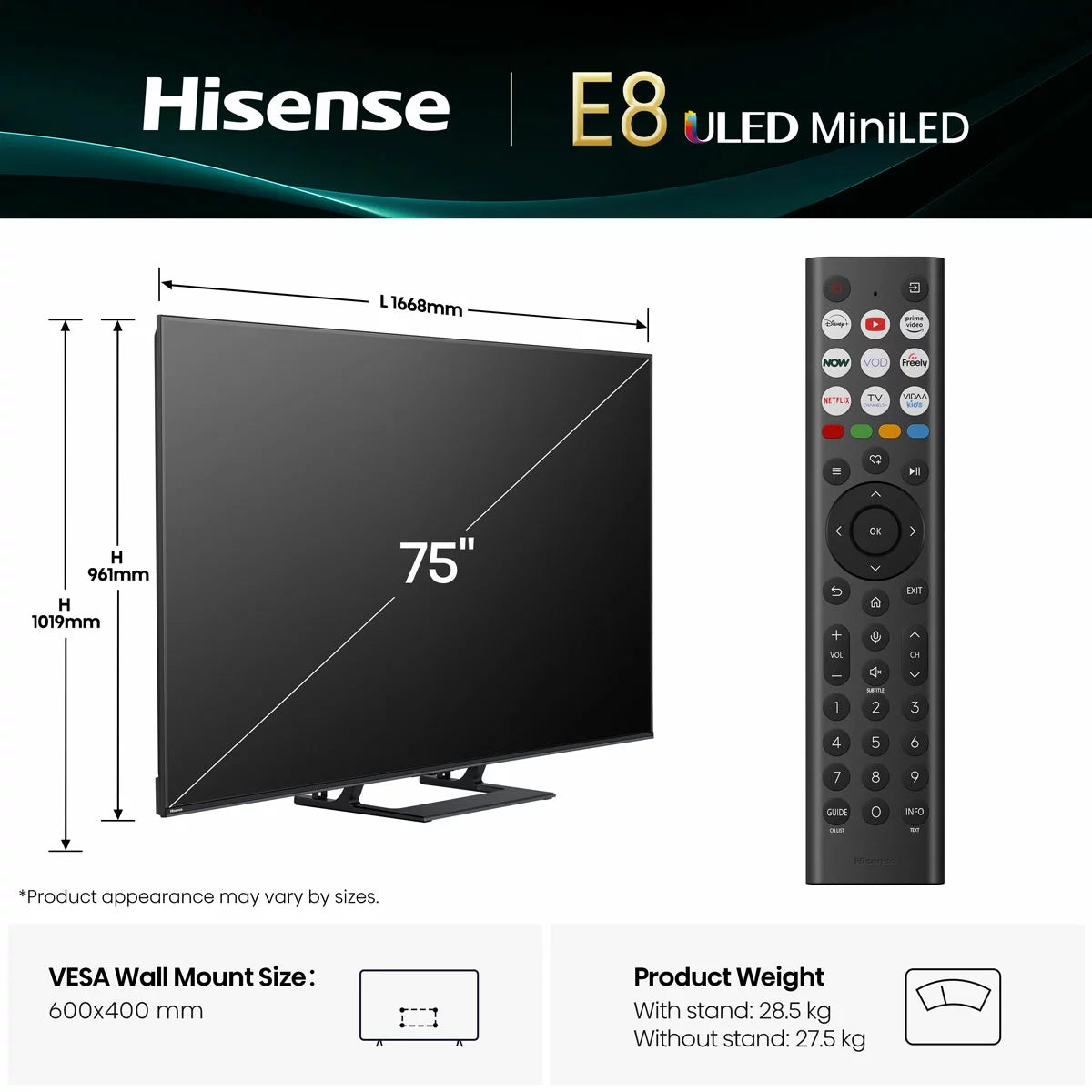 Hisense 75 Inch 75E8QTUK | Mini LED QLED 4K Smart VIDAA TV
